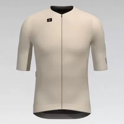 Camisola ciclismo bege de manga curta com fecho frontal e detalhes pretos