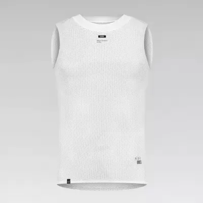 Camisola de malha branca sem mangas com texturas e etiquetas pretas.