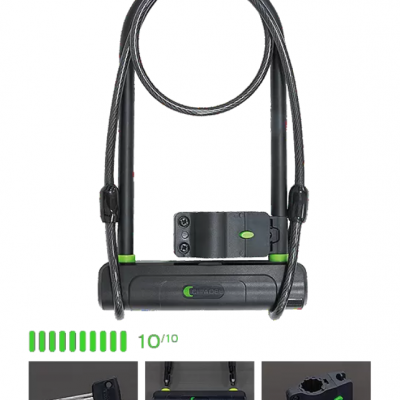 Cadeado tipo U com cabo de aço e corpo preto com detalhes verdes