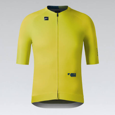 Camisola de ciclismo amarela com fecho zip e etiquetas pretas