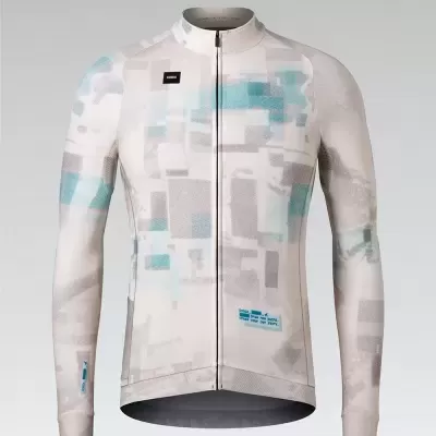 Camisola de ciclismo manga comprida com padrão geométrico bege, cinza e azul