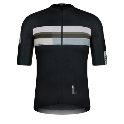 Camisola de ciclismo preta com riscas horizontais e fecho frontal