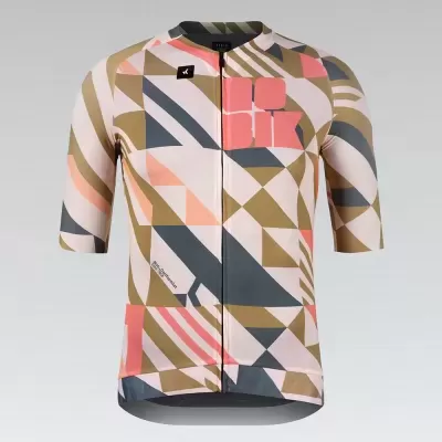 Camisola de ciclismo de manga curta com padrão geométrico colorido e fecho frontal