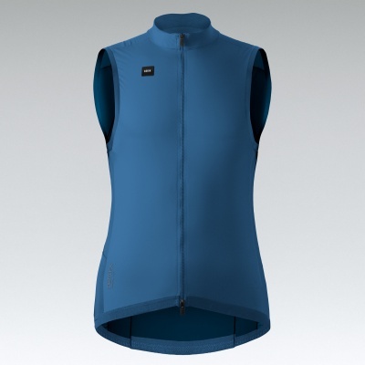 Colete azul escuro de ciclismo com fecho e logotipos GOBIK e PERTERTEX.