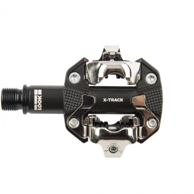 Pedal de bicicleta preto e prateado com texto LOOK, KEO e X-TRACK