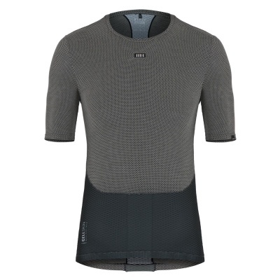 T-shirt técnica de ciclismo cinzenta e preta com mangas curtas.