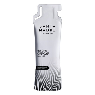 Embalagem de gel com padrão zebrado preto e branco e texto SANTA MADRE Unusual gel.