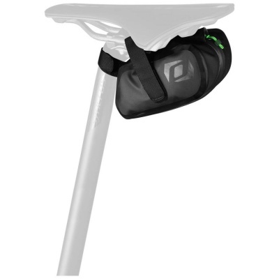 Saco preto para selim de bicicleta com tiras de velcro e logótipo cinzento