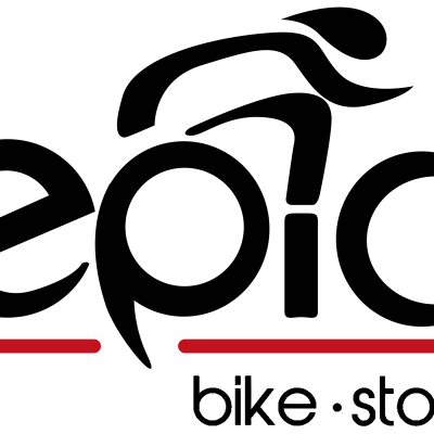 Logótipo da empresa epic bike store com letra p estilizada como ciclista e linhas vermelhas