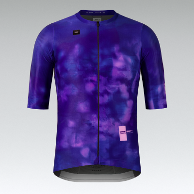 Camisola de ciclismo manga curta azul e roxa com padrão abstrato e fecho à frente