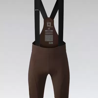 Calções de ciclismo castanhos com alças pretas e etiqueta interna visível