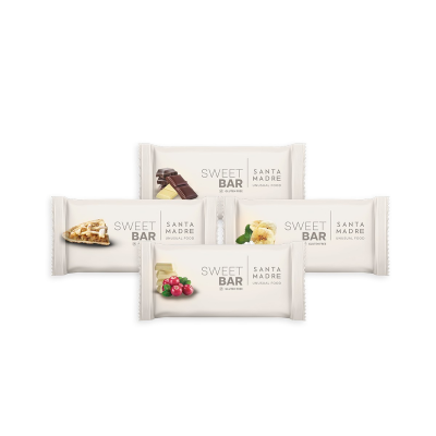 Embalagens brancas de barras SWEET BAR SANTA MADRE NATURAL FOOD com imagens de ingredientes