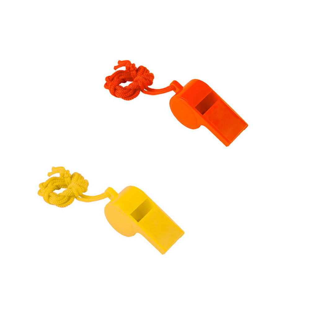 Dois apitos de plástico amarelo e laranja com cordas correspondentes