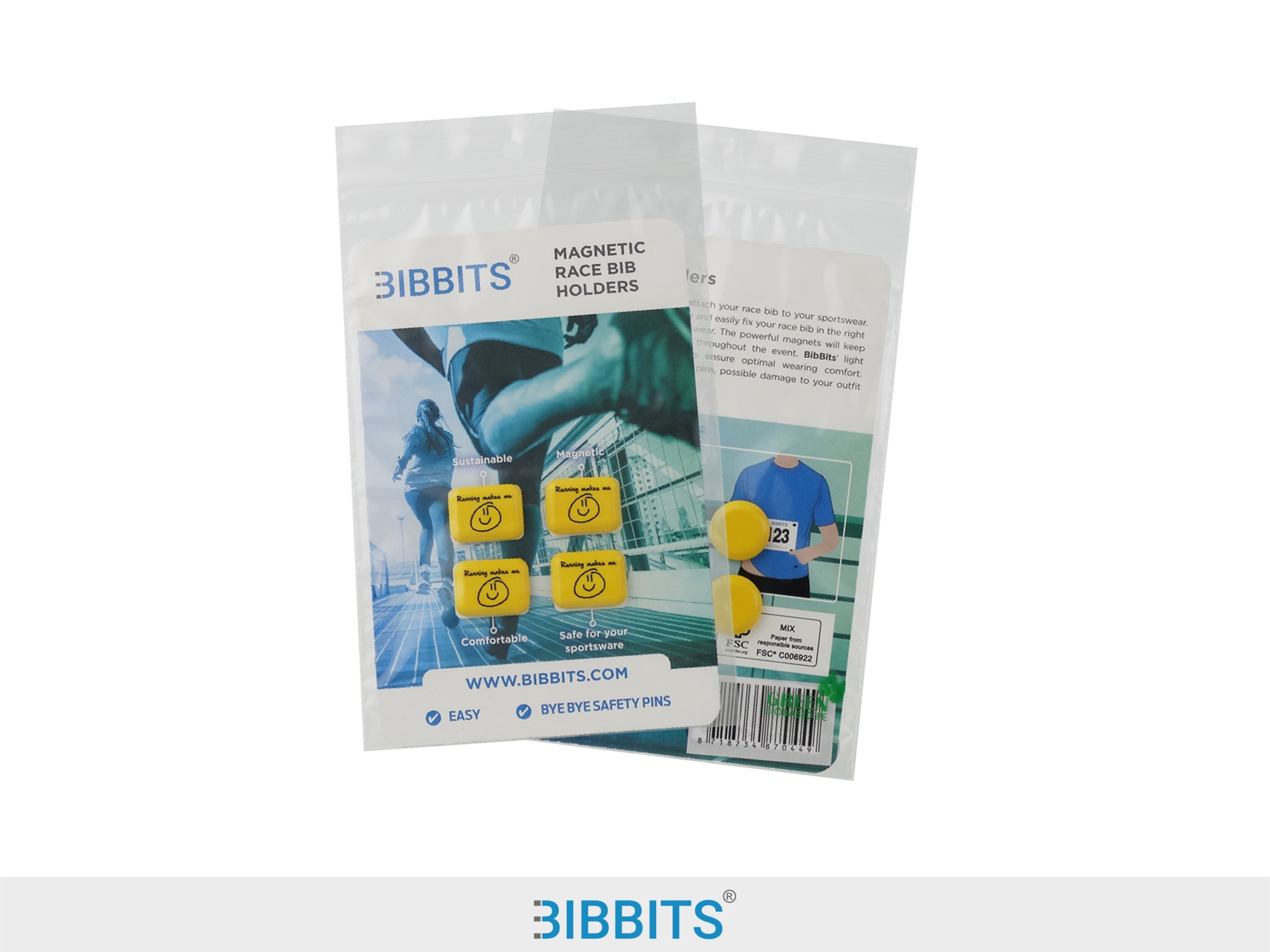 Pack de porta-dorsais magnéticos amarelos BIBBITS em embalagem transparente