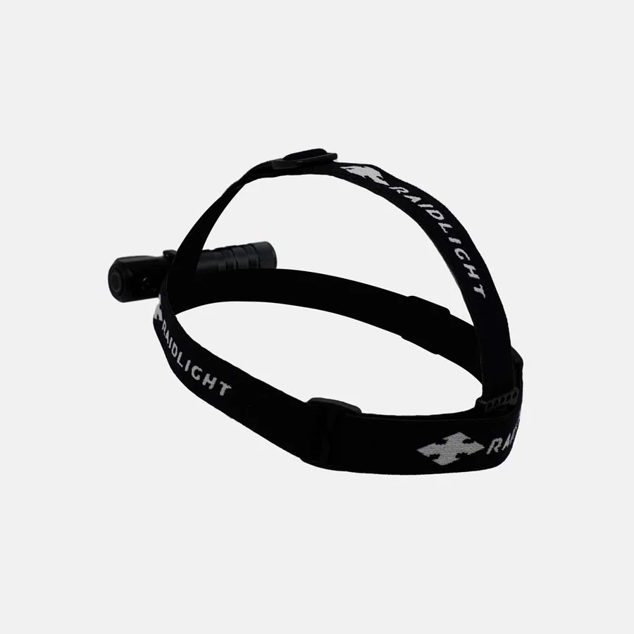 Lanterna de cabeça preta com suporte e texto RAIDLIGHT branco