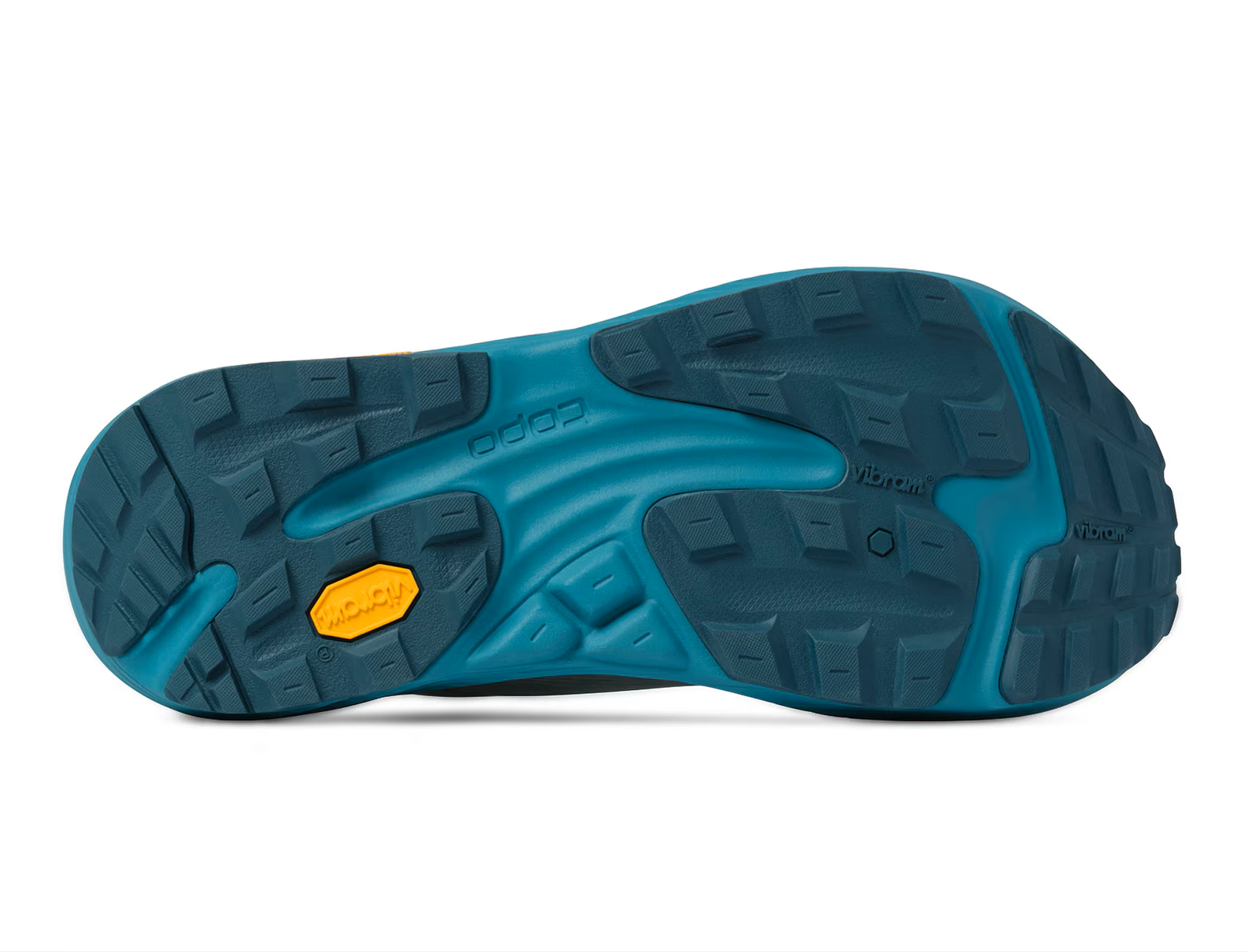 Sola antiderrapante azul e turquesa com texto Vibram