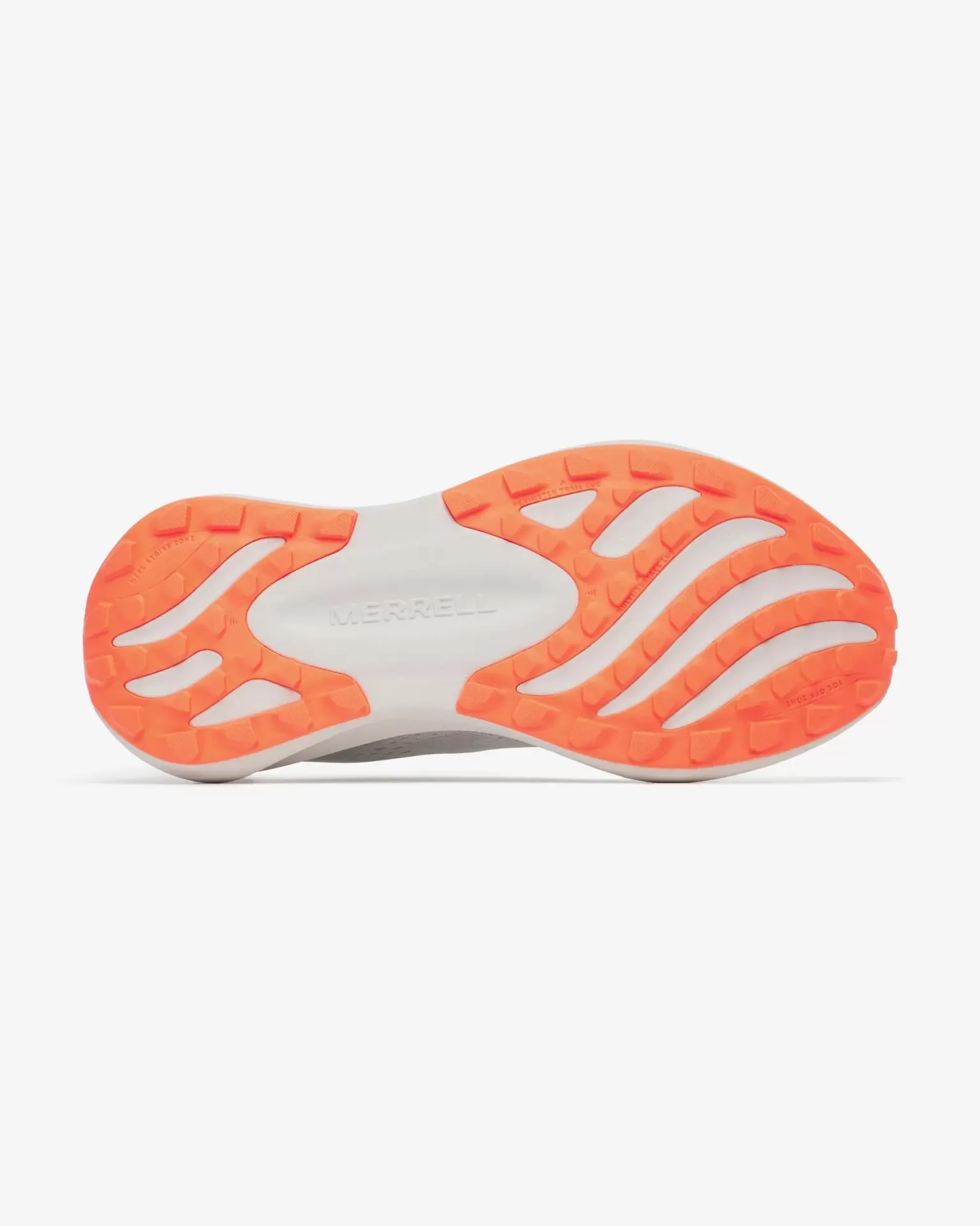 Sola de calçado desportivo cinza claro e laranja da marca MERRELL