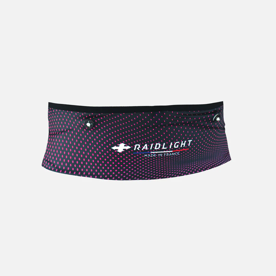 Cinto desportivo preto com pontos vermelhos e texto branco RAIDLIGHT MADE IN FRANCE