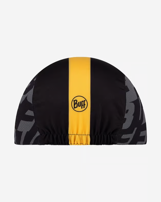 Gorro de ciclismo preto com listra amarela e logótipo Buff