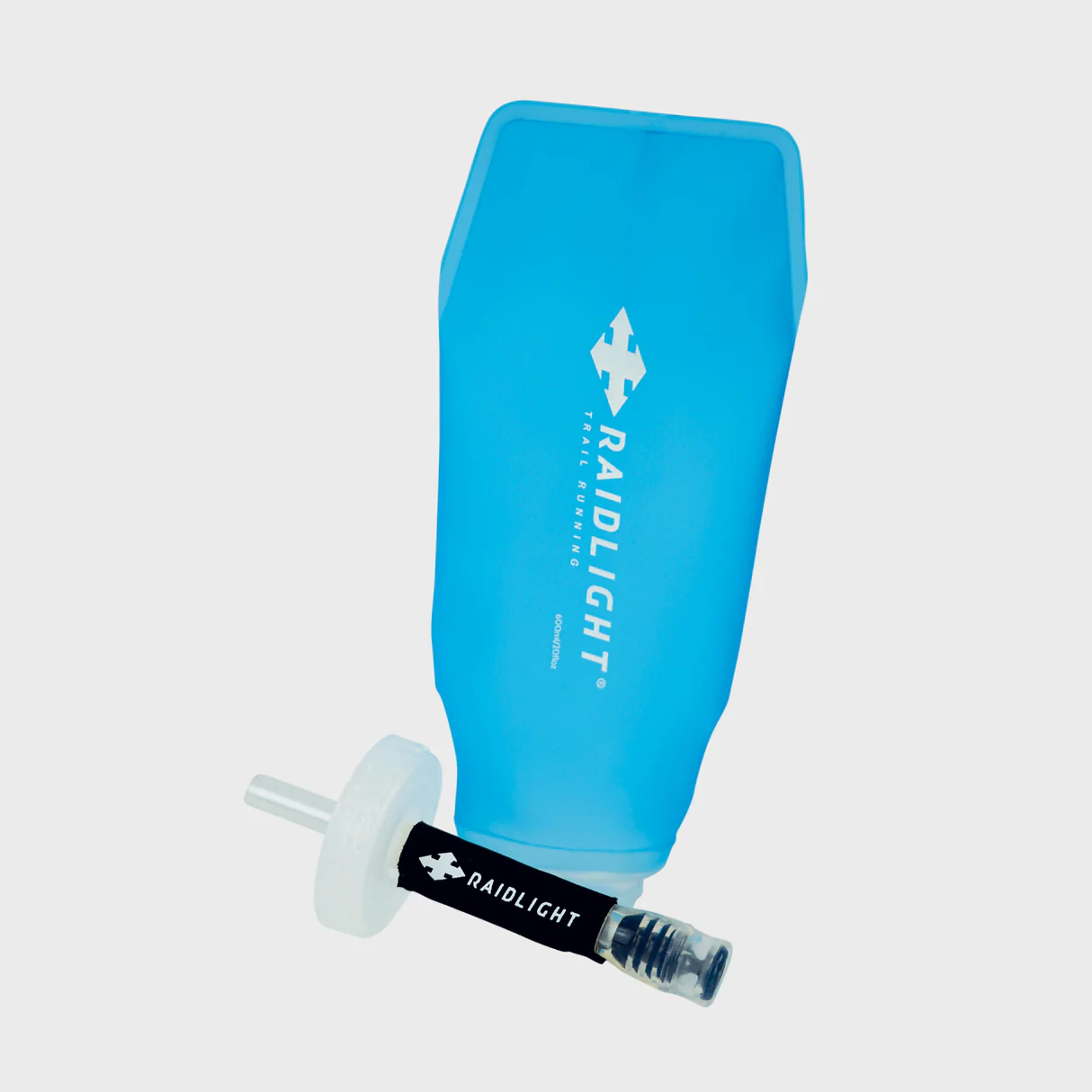 Saco de hidratação flexível azul com tampa branca e bocal, marca RAIDLIGHT