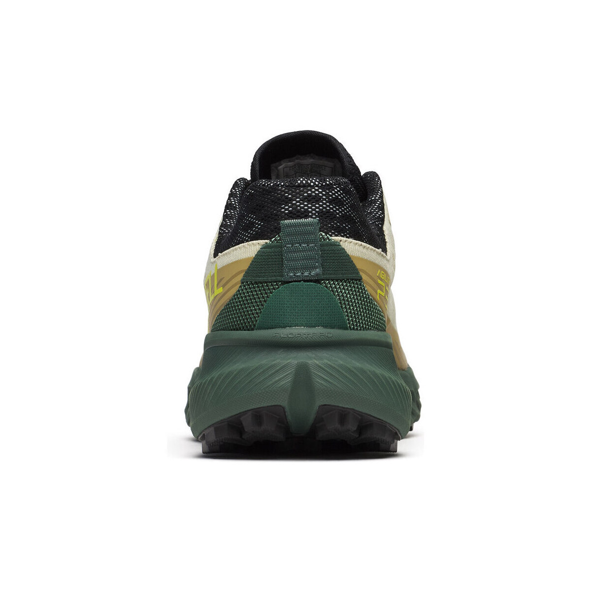 Ténis de corrida verde, preto e bege visto de trás