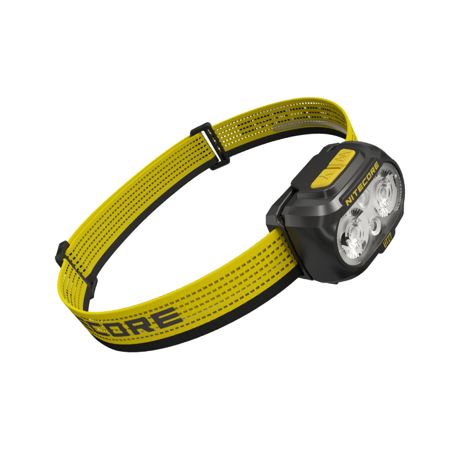 Lanterna de cabeça amarela e cinza com correia elástica e duas lentes frontais