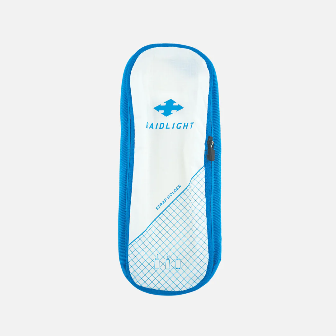 Estojo branco e azul com fecho e texto Raidlight