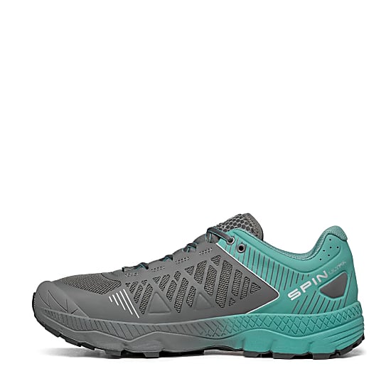 Tênis desportivo cinza e verde água com sola texturizada e inscrição SPIN