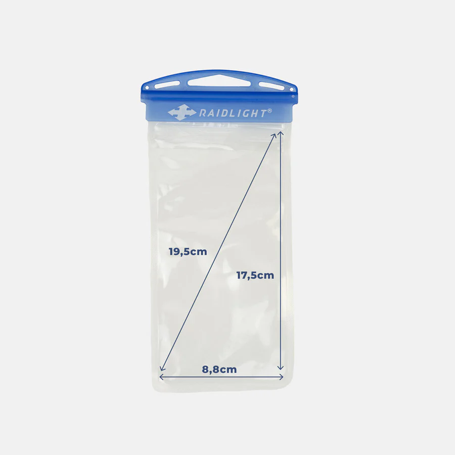 Bolsa plástica transparente com fecho azul da marca RAIDLIGHT e medidas impressas
