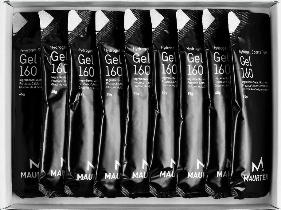 Dez sachês pretos de gel energético Hydrogel Gel 160 em pacote aberto