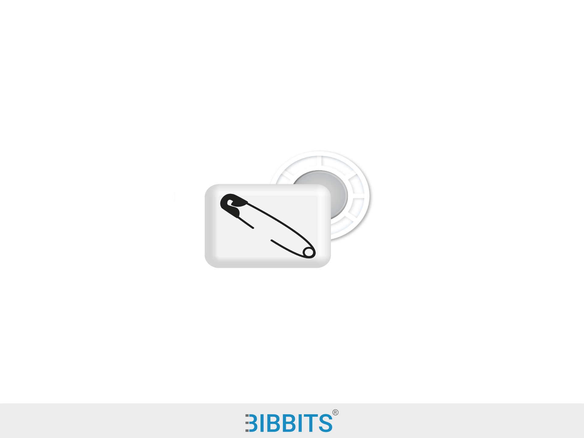 Botão branco com ícone de alfinete de segurança e carretel branco