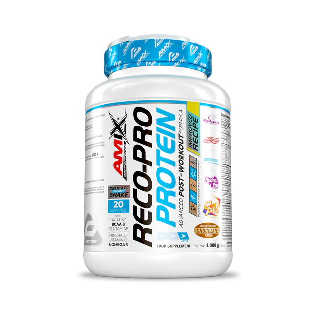 frasco branco com tampa azul de suplemento AMIX Reco-Pro Protein