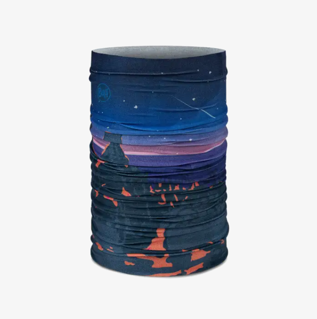 Cachecol tubular Buff com padrão azul, roxo e laranja e detalhes de estrelas