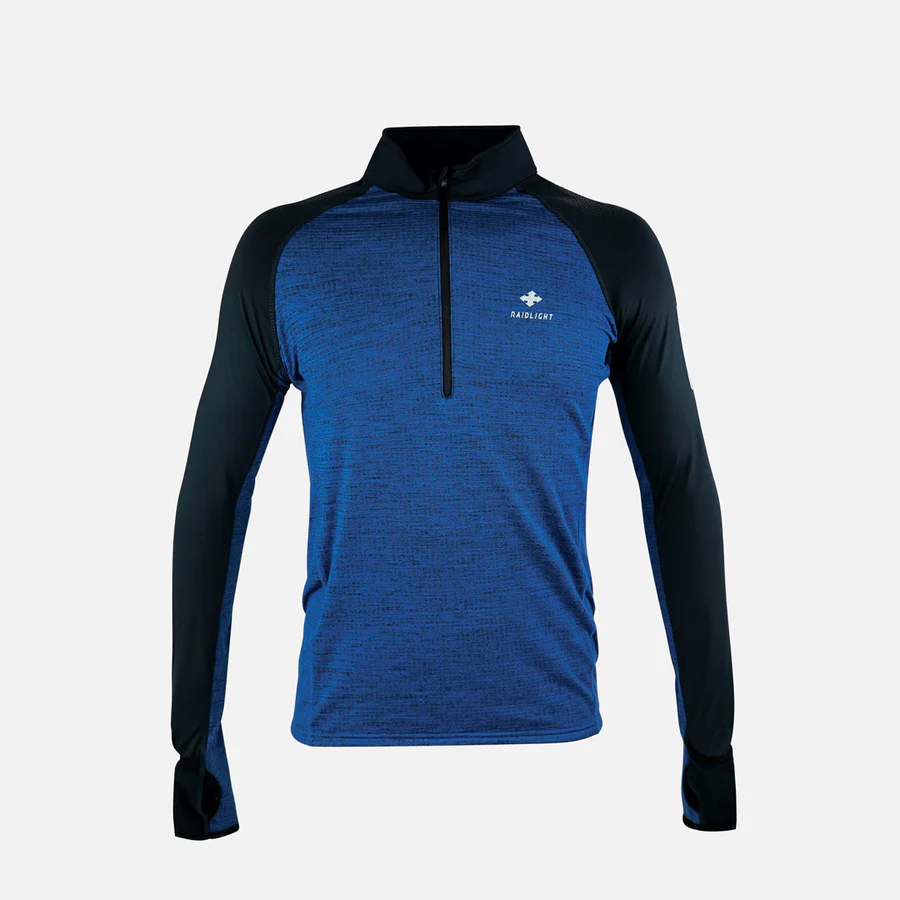 Camisola desportiva azul e preta Raidlight com fecho frontal e mangas compridas