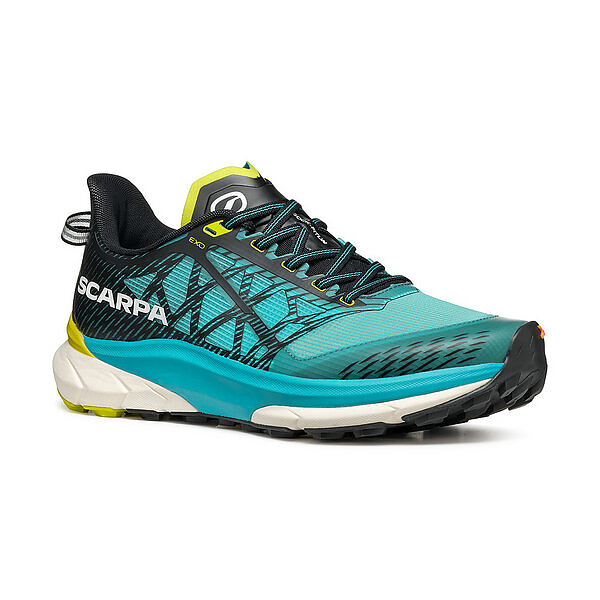 Sapatilha de corrida Scarpa azul turquesa com detalhes pretos e amarelos