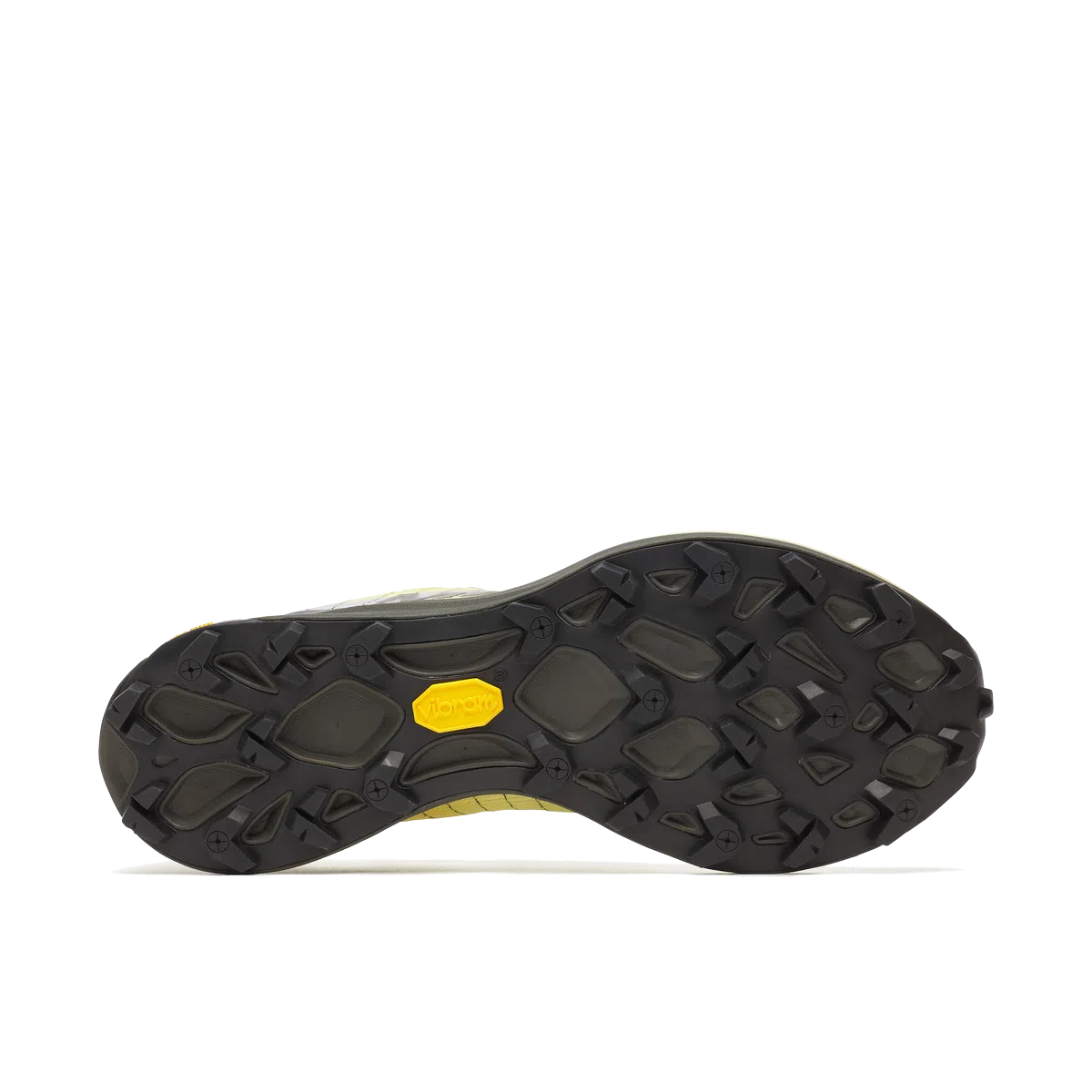 Sola preta de sapato desportivo com logo amarelo Vibram