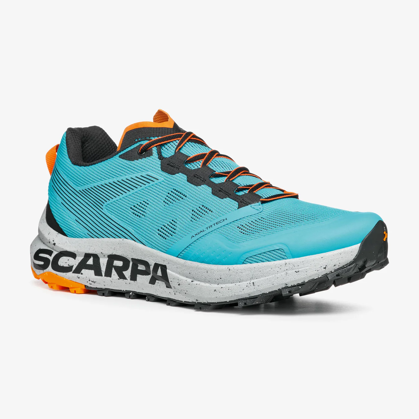 Ténis de corrida azul com sola branca e detalhes laranja da marca SCARPA