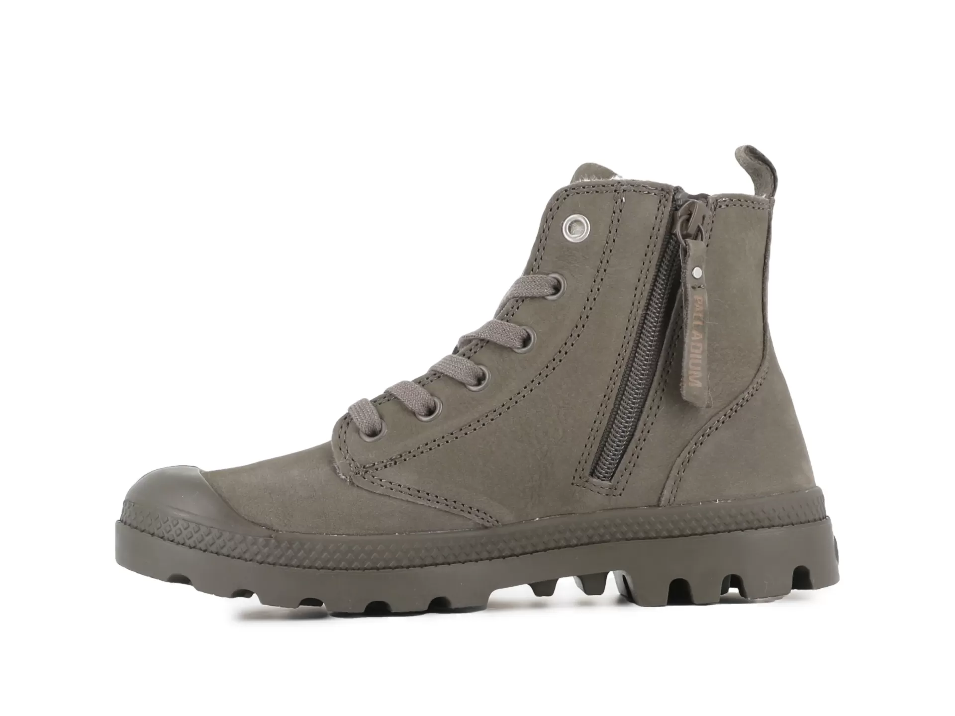 Bota alta cinza estilo militar com atacadores e fecho de correr lateral