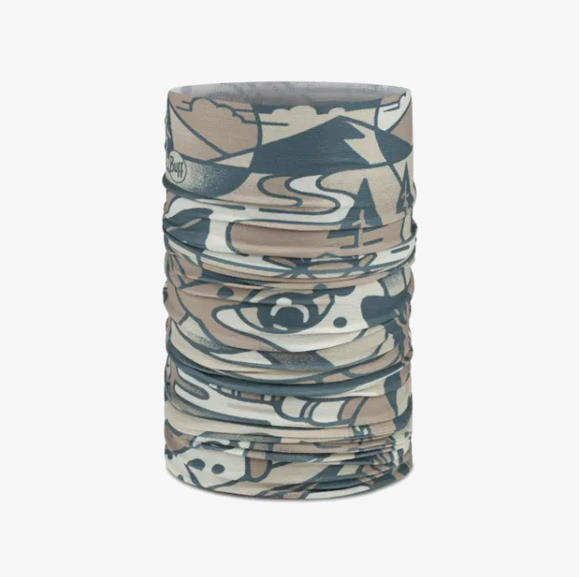 Bandana tubular com padrão abstrato em tons bege e azul