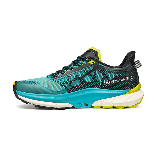 Ténis desportivo azul turquesa, preto, branco e amarelo, modelo GOLDENGATE 2