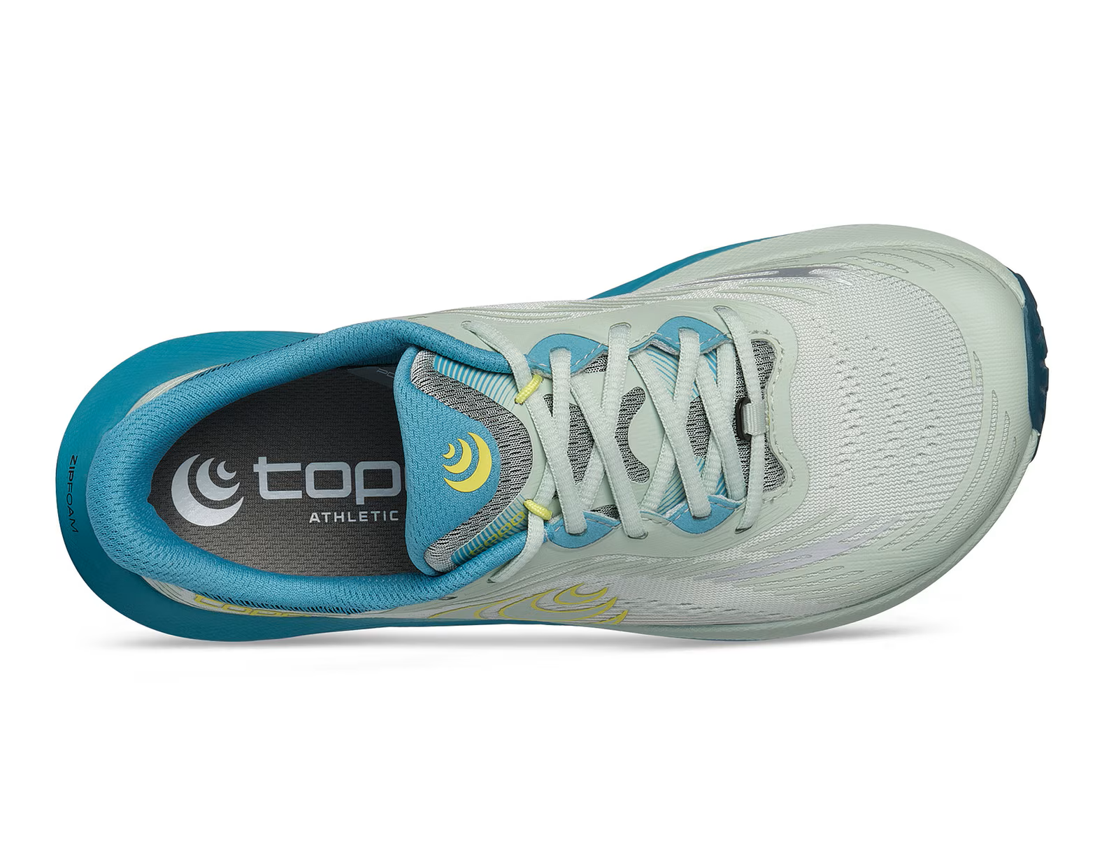 Ténis desportivo branco com detalhes azul turquesa e amarelo visto de cima