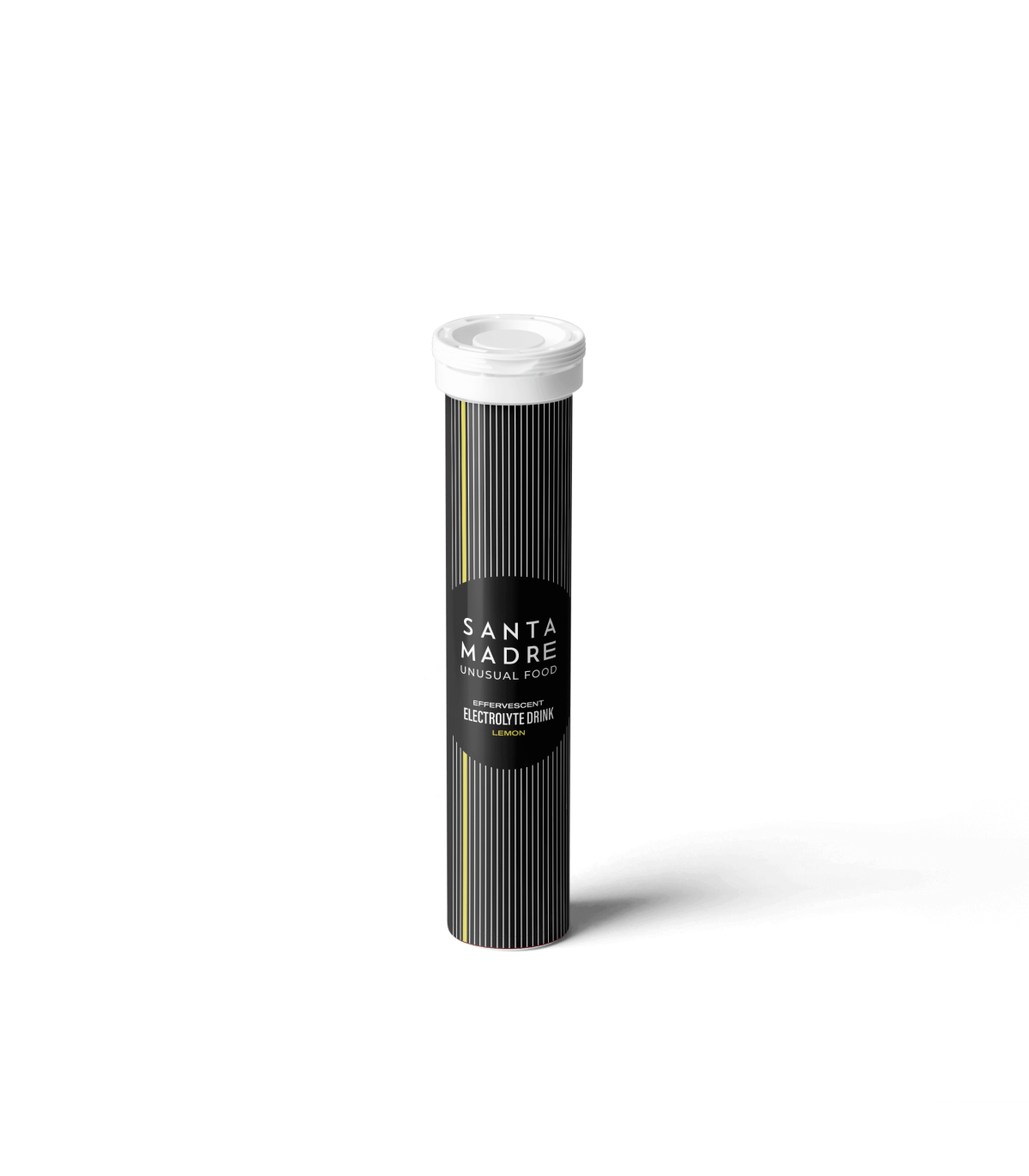 Frasco cilíndrico com tampa branca e etiqueta preta com texto