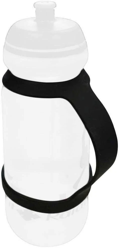 Garrafa de água desportiva transparente com tampa branca e suporte preto