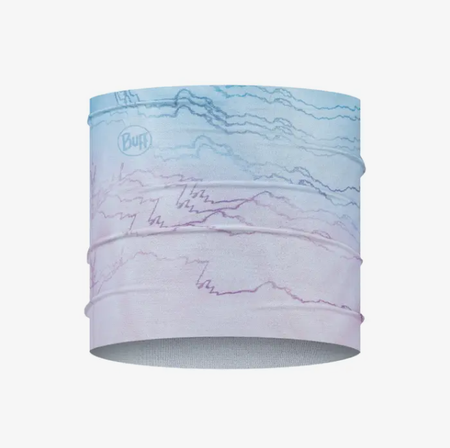 Bandana tubular colorida azul e lilás com padrão de linhas onduladas e logotipo Buff.