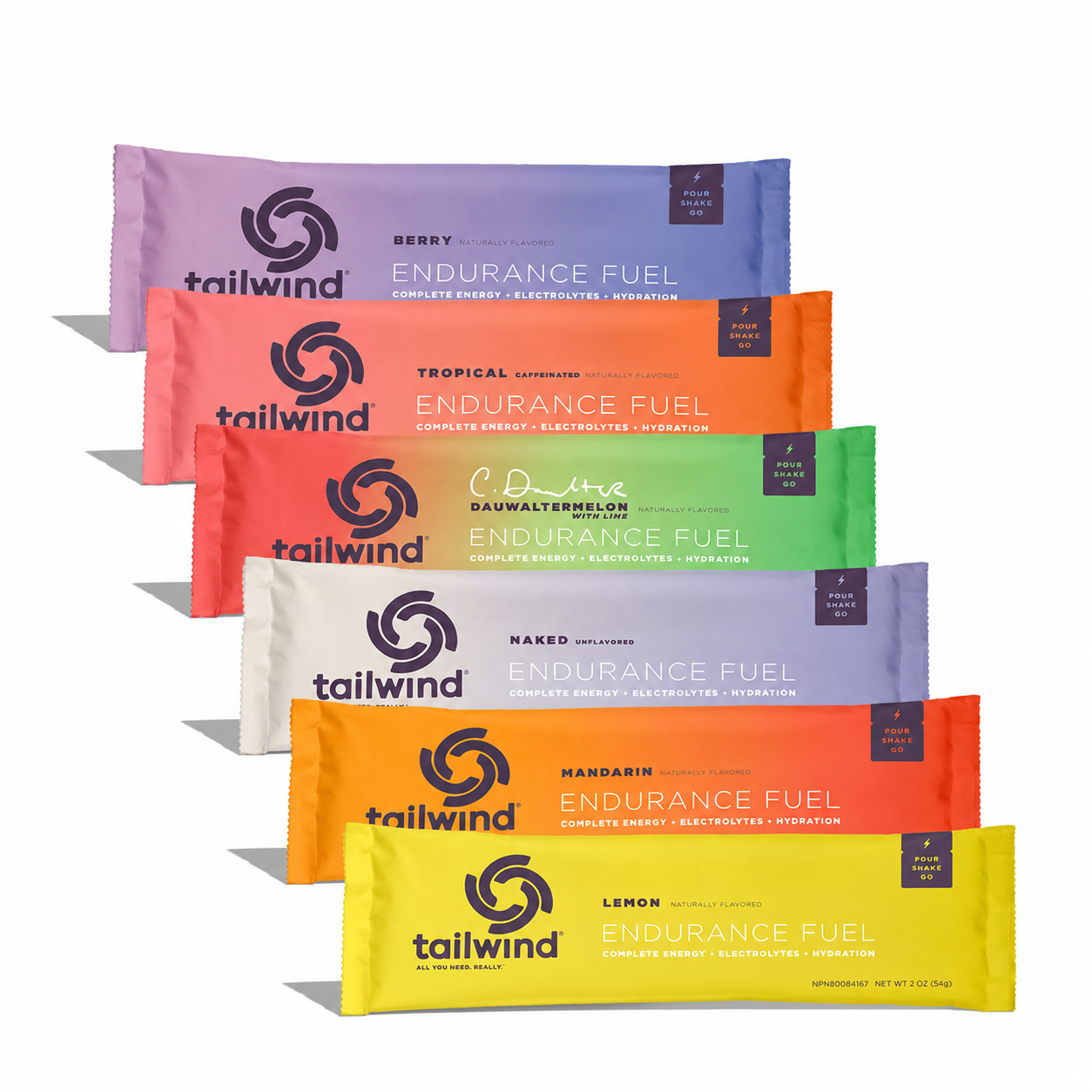 Pacotes coloridos de Endurance Fuel da Tailwind dispostos em linha