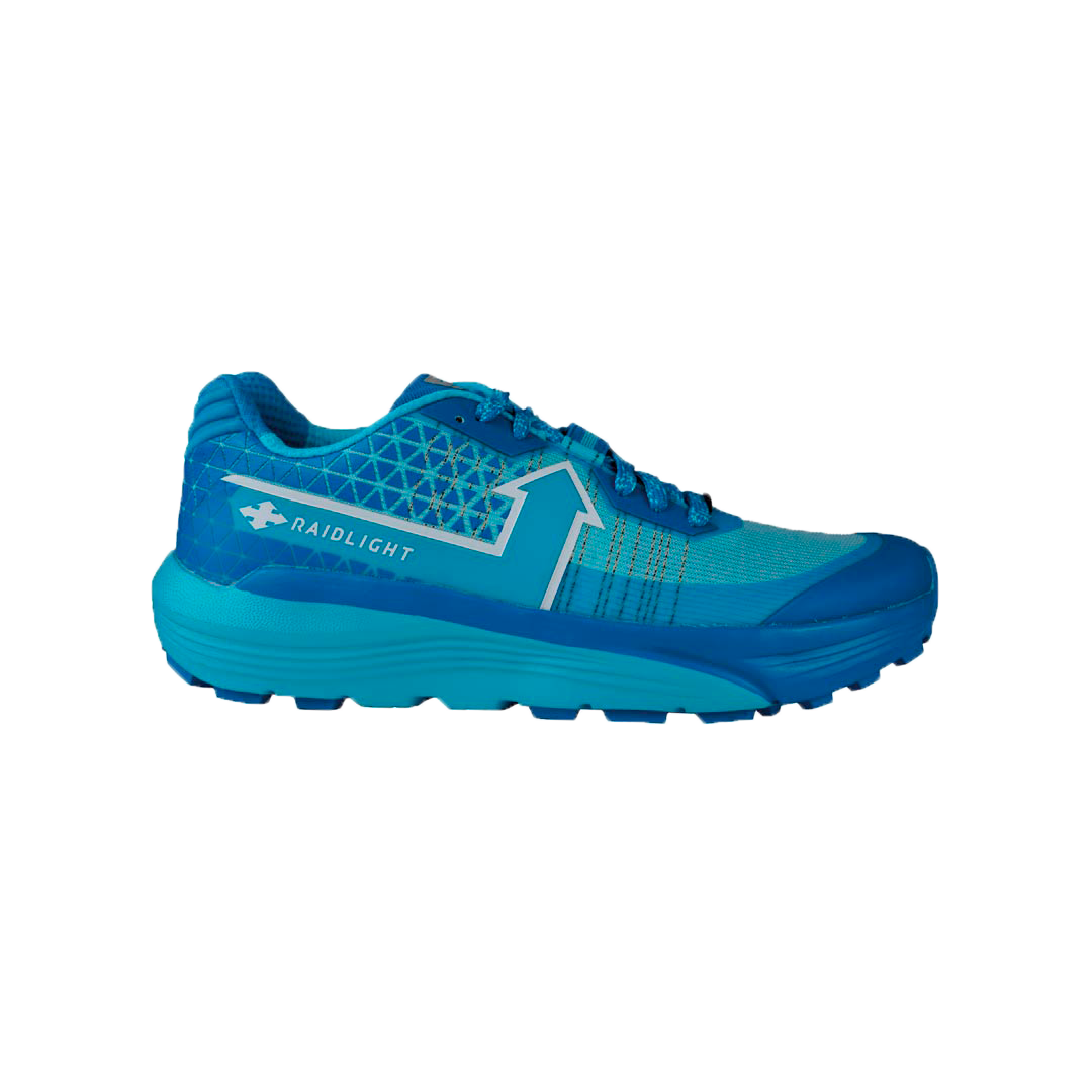 Ténis desportivo azul com padrão geométrico triangular e texto RAIDLIGHT