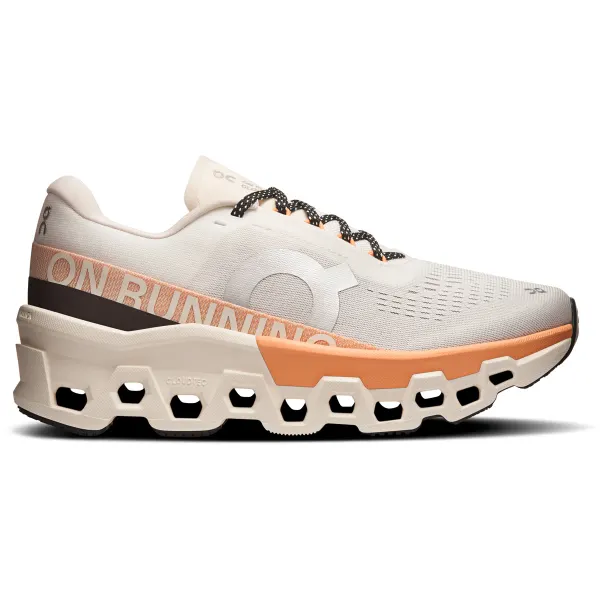 Tênis desportivo branco com detalhes cor de pêssego e sola hexagonal preta e branca