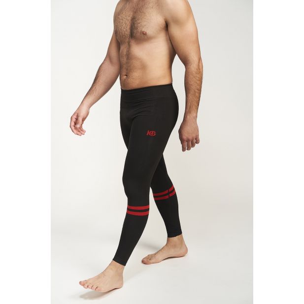 Leggings masculinas pretas com detalhes em vermelho nas pernas e logótipo MGB em vermelho na coxa
