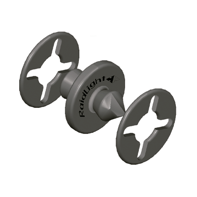 Peça metálica cinzenta com rodas circulares e texto 'RadioLight-A'.