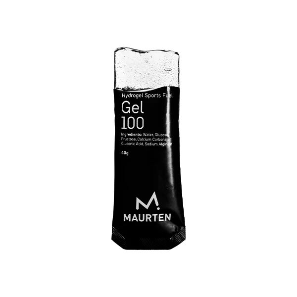 Gel desportivo Hydrogel Sports Fuel Gel 100 da MAURTEN, embalagem preta com texto branco.